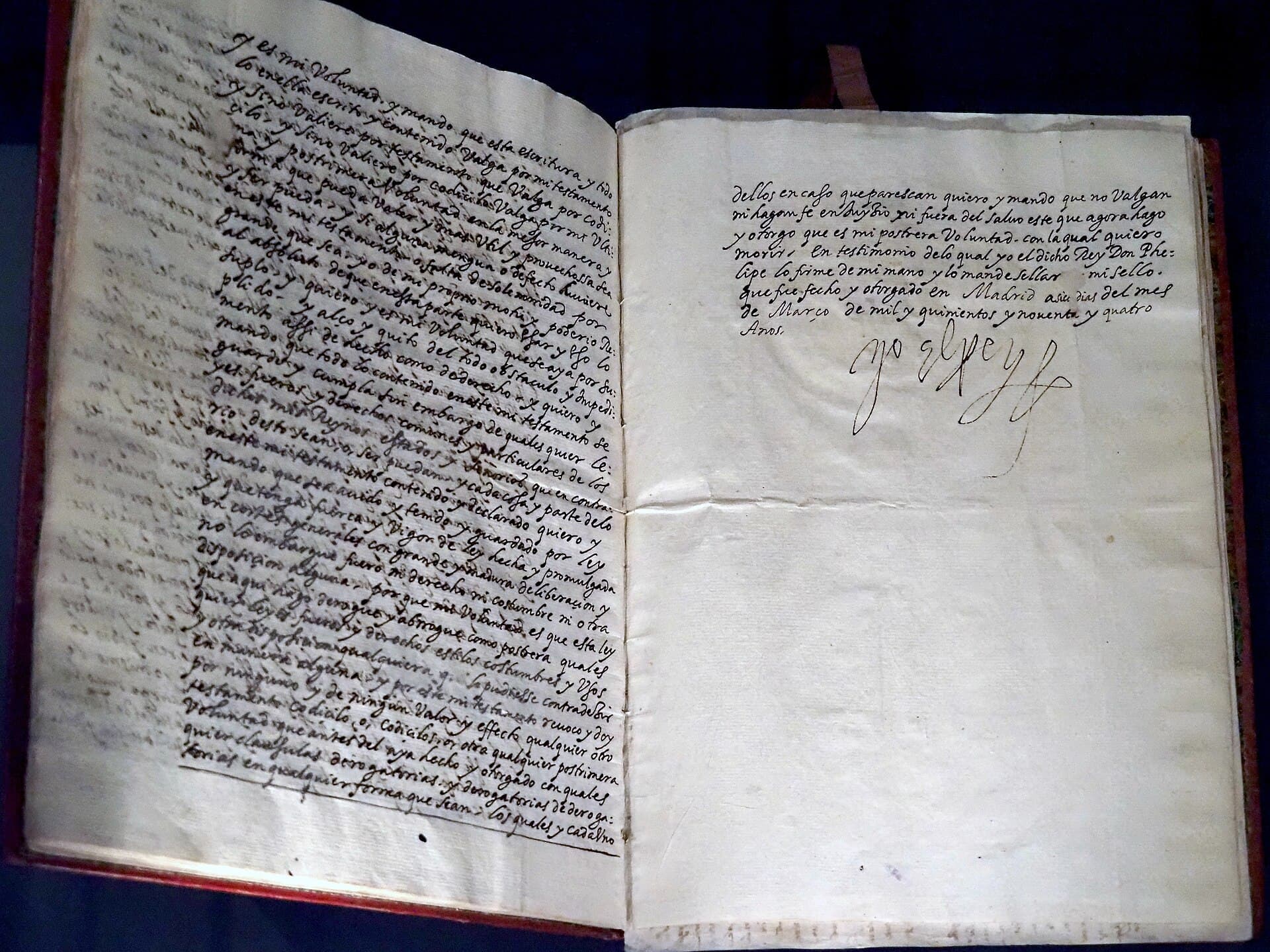 The open testament of King Philip II of Spain, signed Yo el Rey, Madrid, 1594