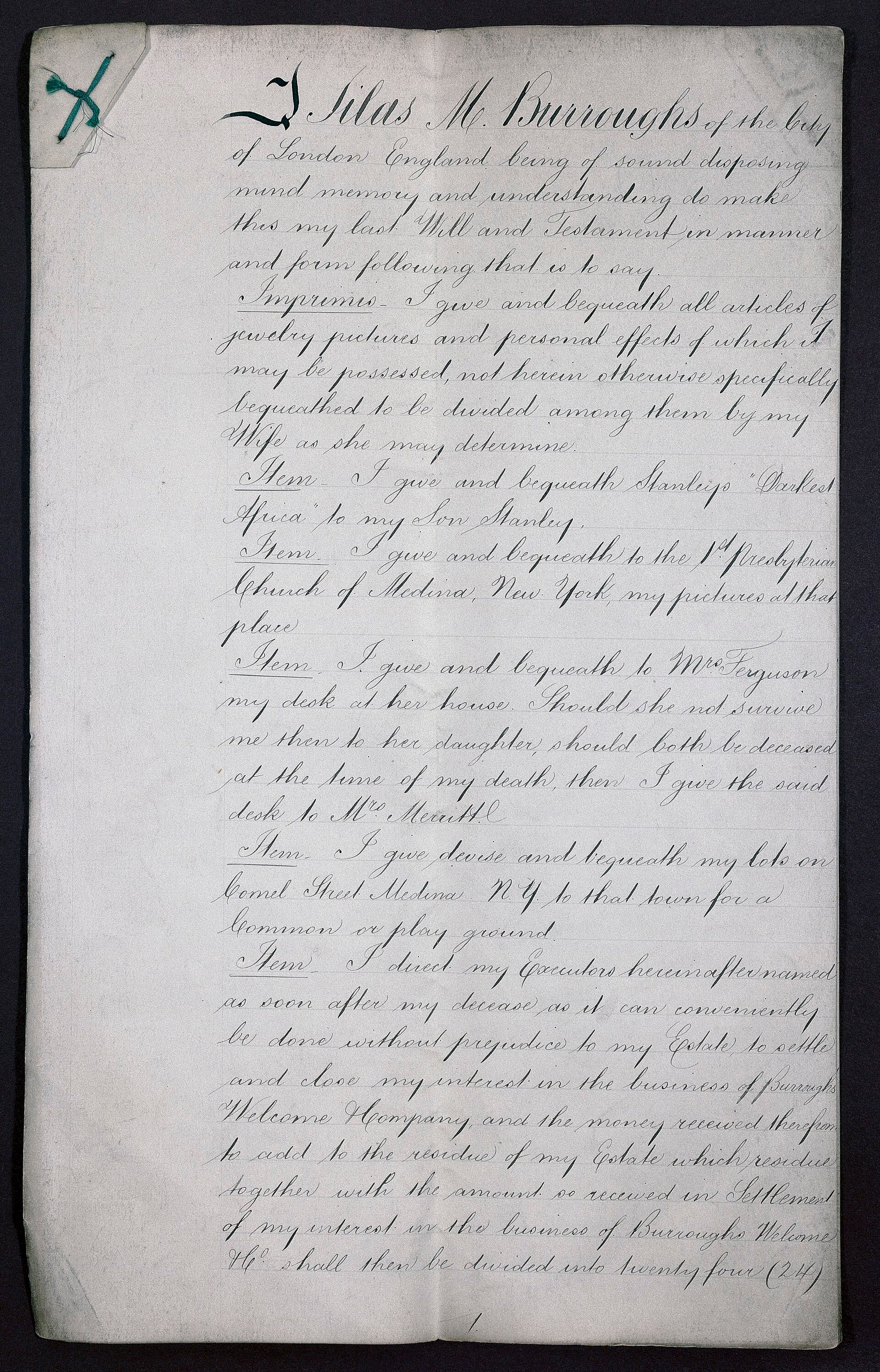 First page of the handwritten will of Silas M. Burroughs, London, 1893
