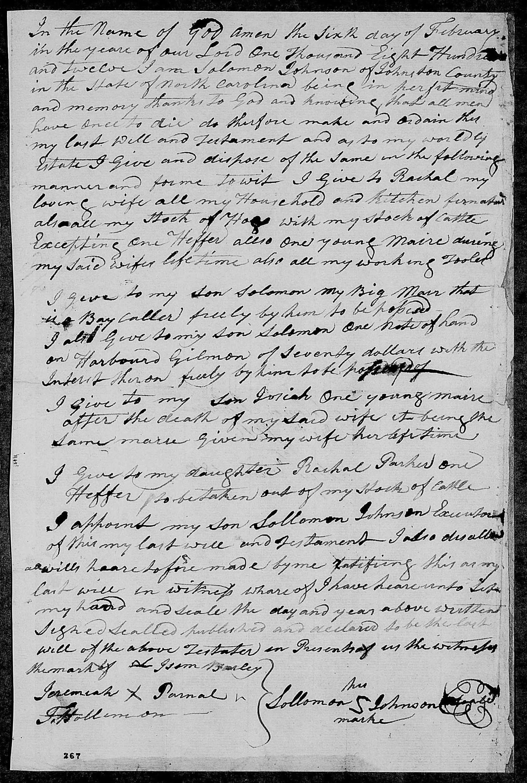 The foot of a handwritten will from 1812, with the maker’s mark and the witnesses’ names