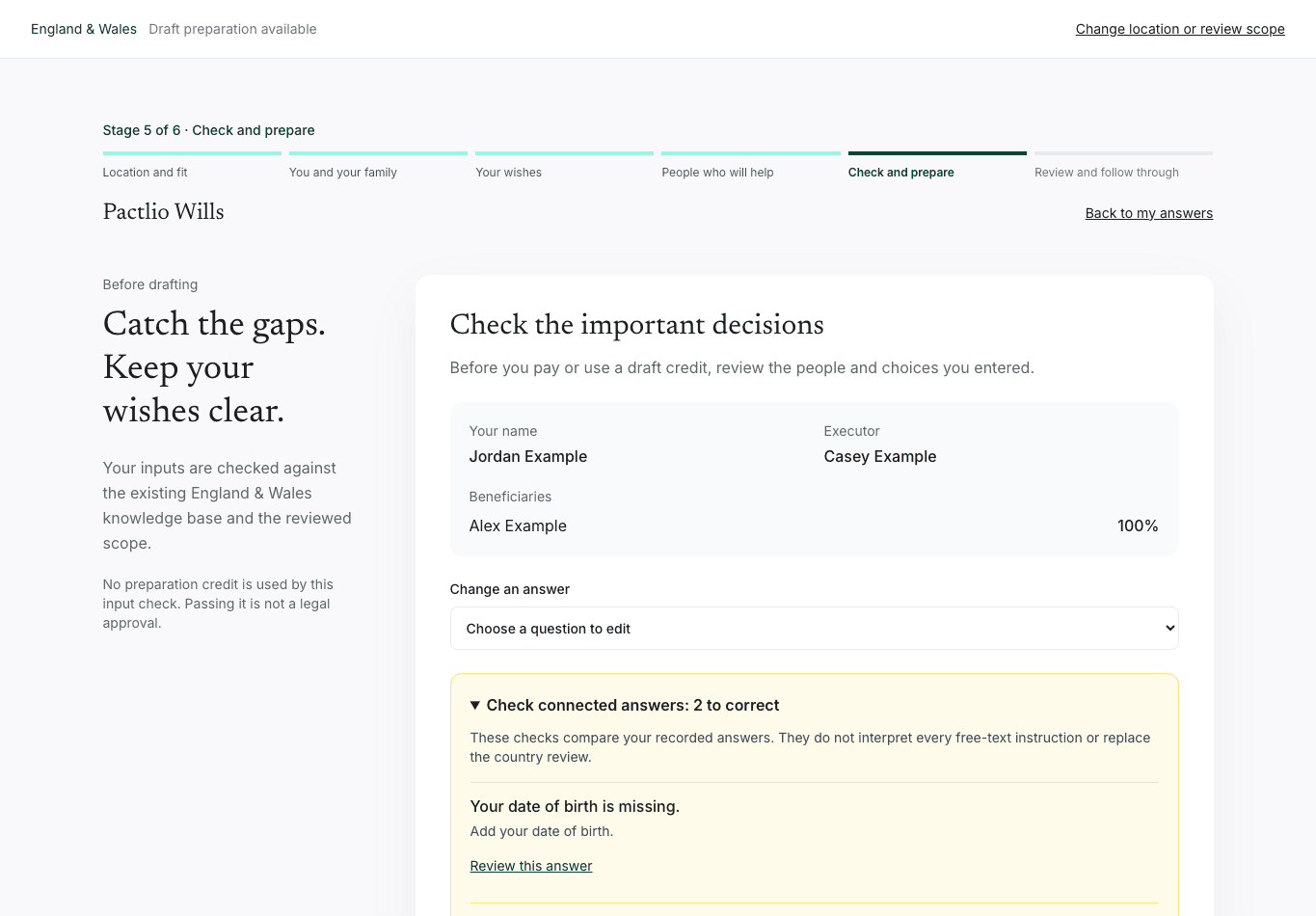 Review your inputs: synthetic Pactlio interface, not a customer document
